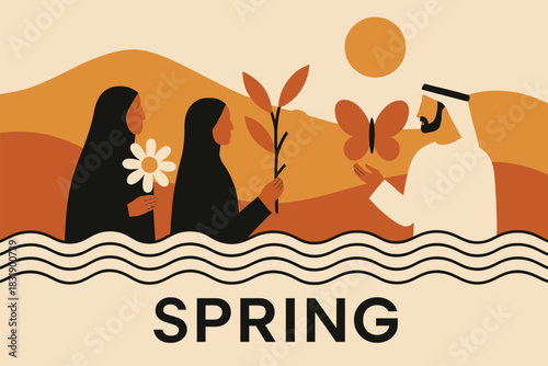 UAE September Equinox, United Arab Emirates seasonal, autumn season, flat design, stylized desert, abstract sun, abstract moon, seasonal 