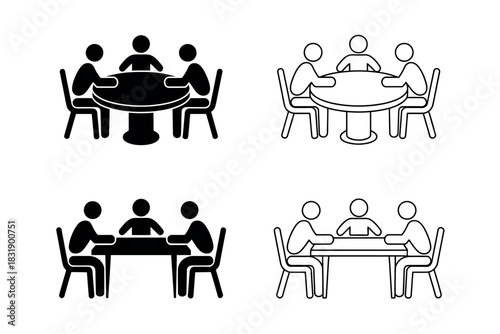 Stick figures gather around tables for meetings and discussions in this graphic representation.