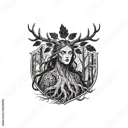 Gothic illustration of a powerful Dryad or Forest Goddess with roots and bark forming her body, and antlers/leaves on her head