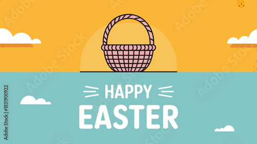 Happy easter greeting with a pink woven basket on a sunny yellow background and blue sky