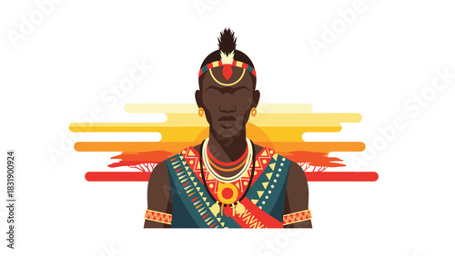 Stunning illustration of an African man in traditional clothing with bright sunset backdrop for cultural projects or travel campaigns