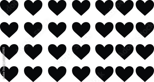 A vector seamless pattern background featuring multiple rows of solid black heart shapes, symbolizing love, romance, passion, social media likes, and decorative monochromatic design
