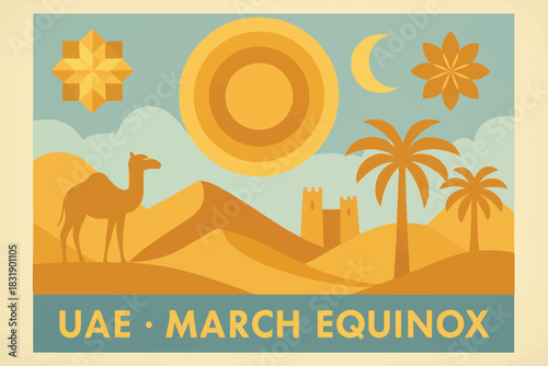 Geometric UAE March Equinox illustration with stylized desert sun shapes and simplified seasonal composition