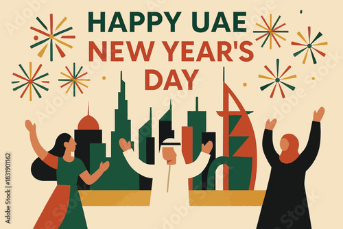 Geometric UAE New Year’s Day illustration with stylized skyline fireworks and simplified festive celebratory composition