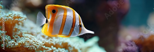 Orange-striped butterflyfish swimming among coral reefs