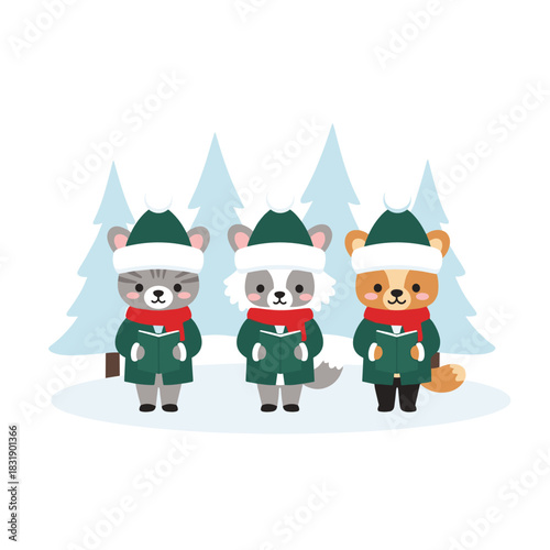 Adorable animals dressed as Christmas carolers in snowy woodland  