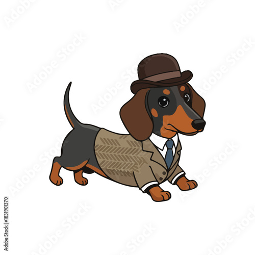 A cartoon dachshund dog dressed in a tweed suit, tie, and bowler hat, standing on a white background.