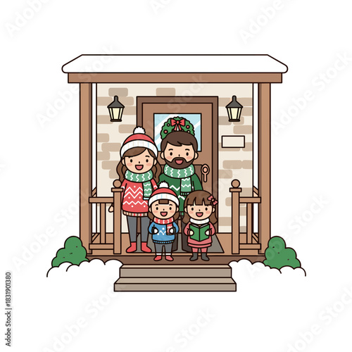 Family singing Christmas carols on porch in winter with lanterns  