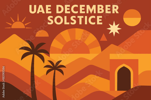 Abstract UAE December Solstice scene with flowing sun shapes stylized dunes and minimal seasonal design