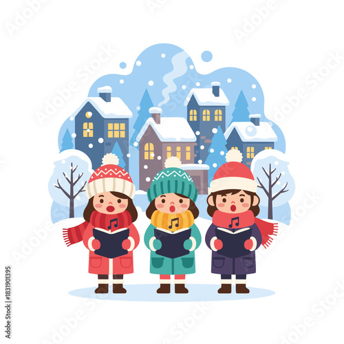 Christmas carolers singing with lanterns in snowy winter town  