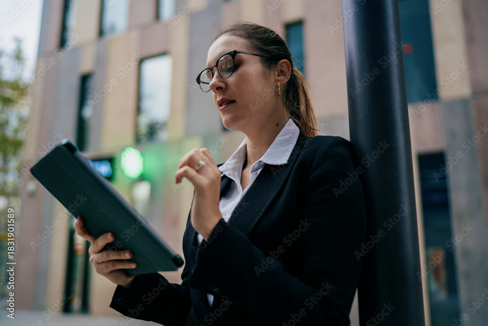 Fototapeta premium Side view of businesswoman walking with digital tablet, expressing confident progress, mobile task flow and calm control in professional tech routine