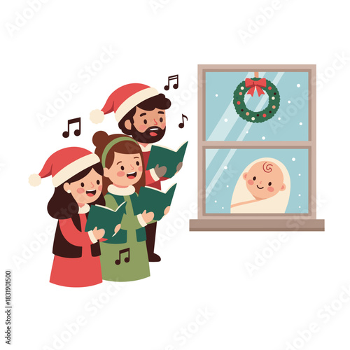 Christmas carolers singing with lanterns at night by a window  