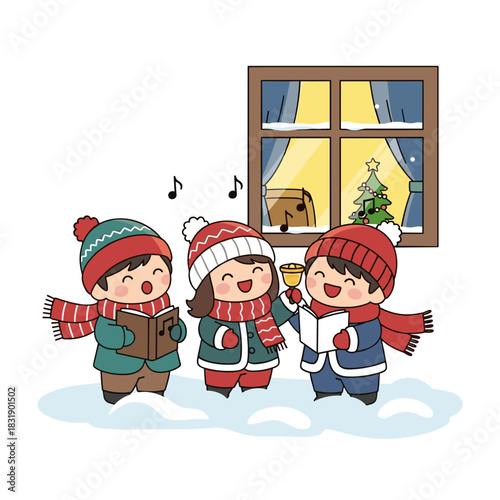 Children singing Christmas carols with lanterns in snowy environment  