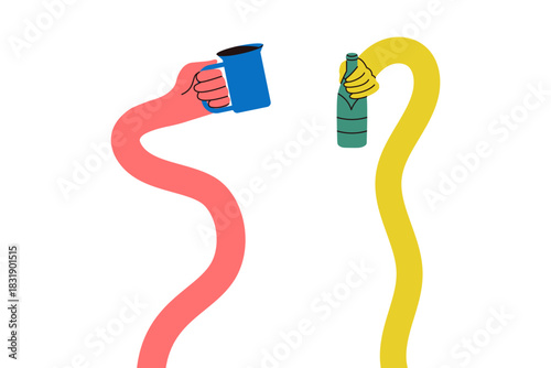 Hand Flexible Long Arm Hold Coffee and Wine Bottle. Cartoon Hands Holding Drink. Vector Funky Comic Illustration