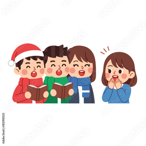 Group of children singing Christmas carols with books and smiles  
