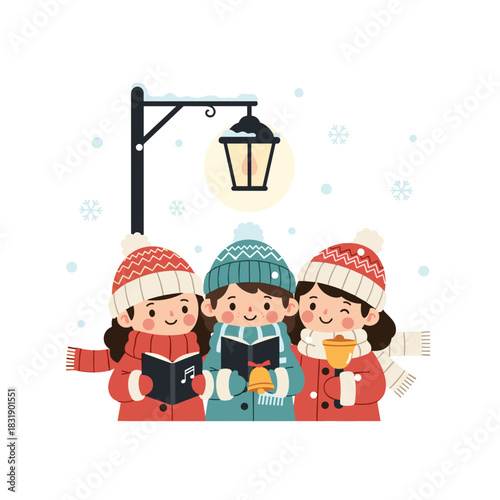 Children singing Christmas carols under a streetlamp in winter  