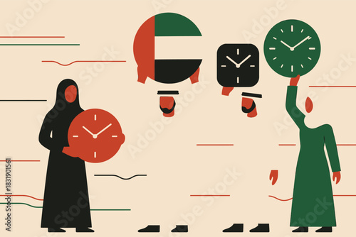 Geometric United Arab Emirates National Day illustration with stylized skyline flags and simplified festive composition