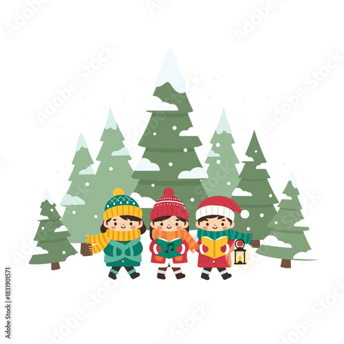 Children caroling in winter forest wearing hats and scarves with lanterns  