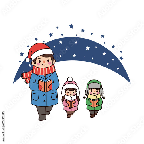 Christmas carolers singing with lanterns at night under starry sky  