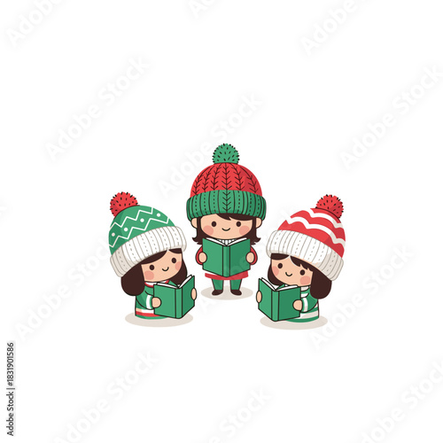 Three children singing Christmas carols while wearing colorful knit hats  