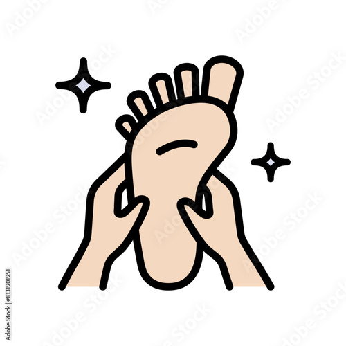 Reflexology foot massage by hand fingers. Arthritis foot care or leg therapy symbol. Toe spa reflex treatment. Foot care color icon.