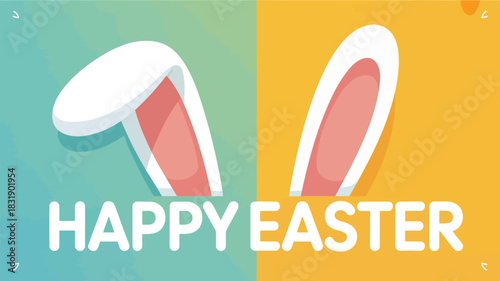 Happy easter greeting with cute bunny ears on a split background of teal and orange colors