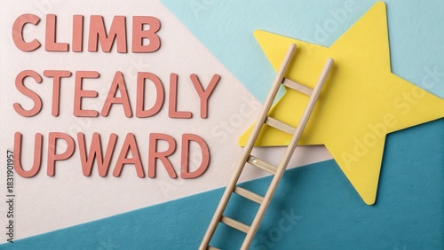 Wooden ladder leaning on a star representing success