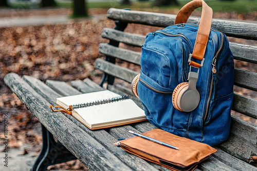 AI Generated - Blue backpack sitting on top of a wooden bench, with a notebook and headphones beside it. Commercial illustration artwork. Illustration. High-resolution. High-res. Premium quality.