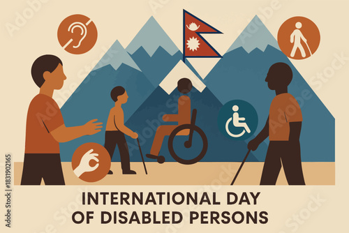 Abstract Nepal national awareness scene with flowing geometric forms stylized mountains accessibility motifs minimal inclusive design