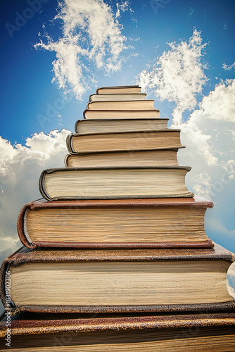 AI Generated - Stack of books sitting on top of each other against a backdrop of a blue sky with white fluffy clouds. Commercial illustration artwork. Illustration. High-resolution. High-res.