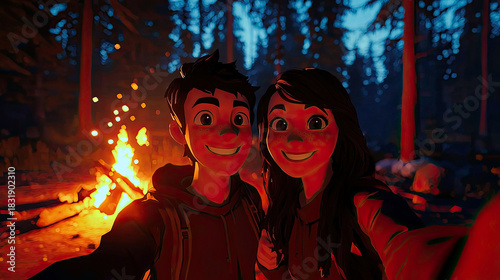 AI Generated - Man and woman standing next to each other in front of a campfire, surrounded by trees in the background. Commercial illustration artwork. Illustration. High-resolution. High-res.