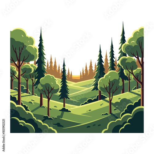 A stylized illustration of a lush green forest landscape with rolling hills and tall evergreen trees under a bright sky.