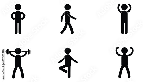 A vector set of six black stick figures illustrating various activities, including walking, stretching, balancing, and weight lifting, symbolizing exercise, health, and fitness concepts
