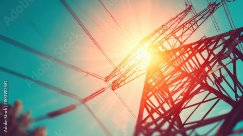 Low angle view of a steel electricity pylon with bright sun