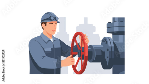 Skilled worker turning valve on pipeline system for industrial operations, ensuring efficient control and safety in the facility