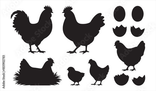 Poultry silhouette vector pack showcasing chickens, chicks, eggs, and nesting hen for farm design use