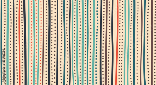 Hand-drawn seamless pattern of vertical stripes and dots in a rustic, earthy color palette, creating a textured bohemian background.