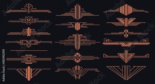 Luxurious collection of Art Deco dividers and page ornaments in a rich copper tone, set against a dark navy background.