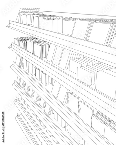 A minimalist black and white contour drawing of a shelf, reminiscent of a library or shop, neatly organized with books resembling chocolate snack bars.