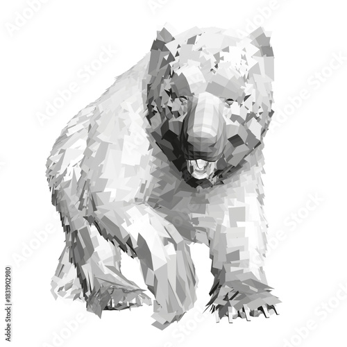 A low poly polar bear walks on a white background in a black and white abstract style. The geometric, polygonal design creates a modern and minimalist illustration.