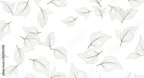 Light and airy seamless pattern of delicate, sparsely scattered leaves hand-drawn with fine lines on a clean white background.