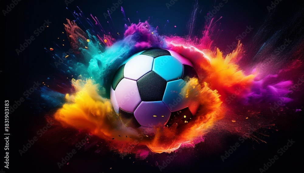 Fototapeta premium football in explosion of colored neon powder isolated on black background generative ai