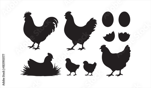 Farm poultry silhouette collection with rooster, hens, chicks, eggs, and nesting bird in clean black vector style