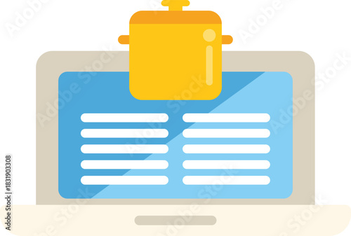 Cooking pot is sitting on a laptop computer with a blank recipe template on the screen