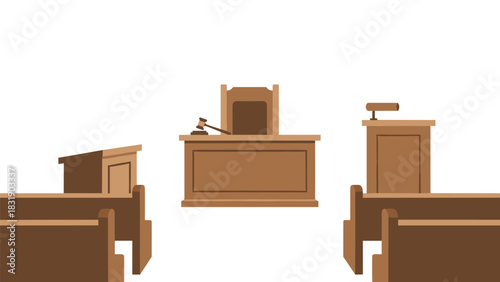 Inside a court house with a gavel and seating symbolizing justice and legal proceedings, appealing to legal professionals and law firms