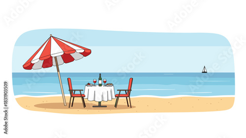 A romantic coastal dinner for two with wine under a beach umbrella overlooking the ocean with sailboat on horizon