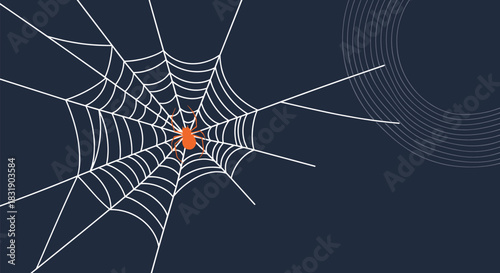 Orange spider sitting in the center of a large white web against a dark blue background with a stylized moon in the corner.