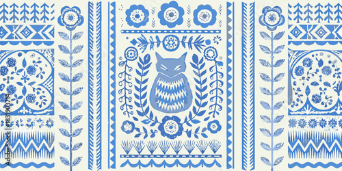 Ai,jpg and eps | blue and white folk art pattern with central stylized cat surrounded by floral and geometric motifs | editable vectors
