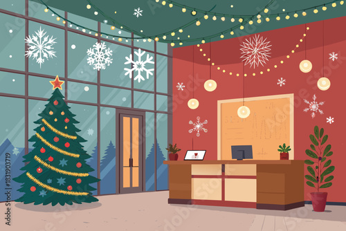 Depicting Office Lobby With Christmas Decorations And Snowf Elegant Professional Photo