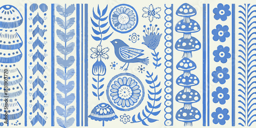 Ai,jpg and eps | illustration of blue floral and fauna pattern with mushrooms, flowers, and a bird in vertical stripes | editable vectors